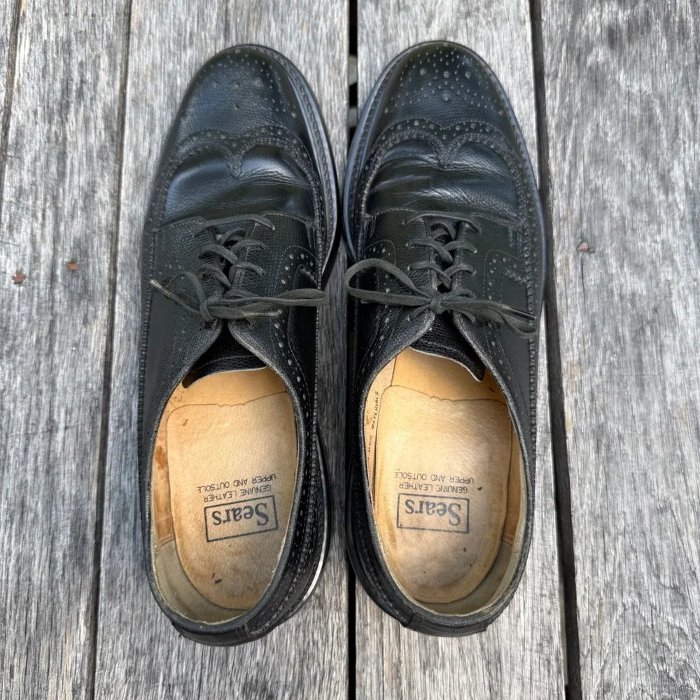 VTG Sears Mens Black Leather Longwing Brogue Derby Shoes 11 D 74608-672 Wingtip